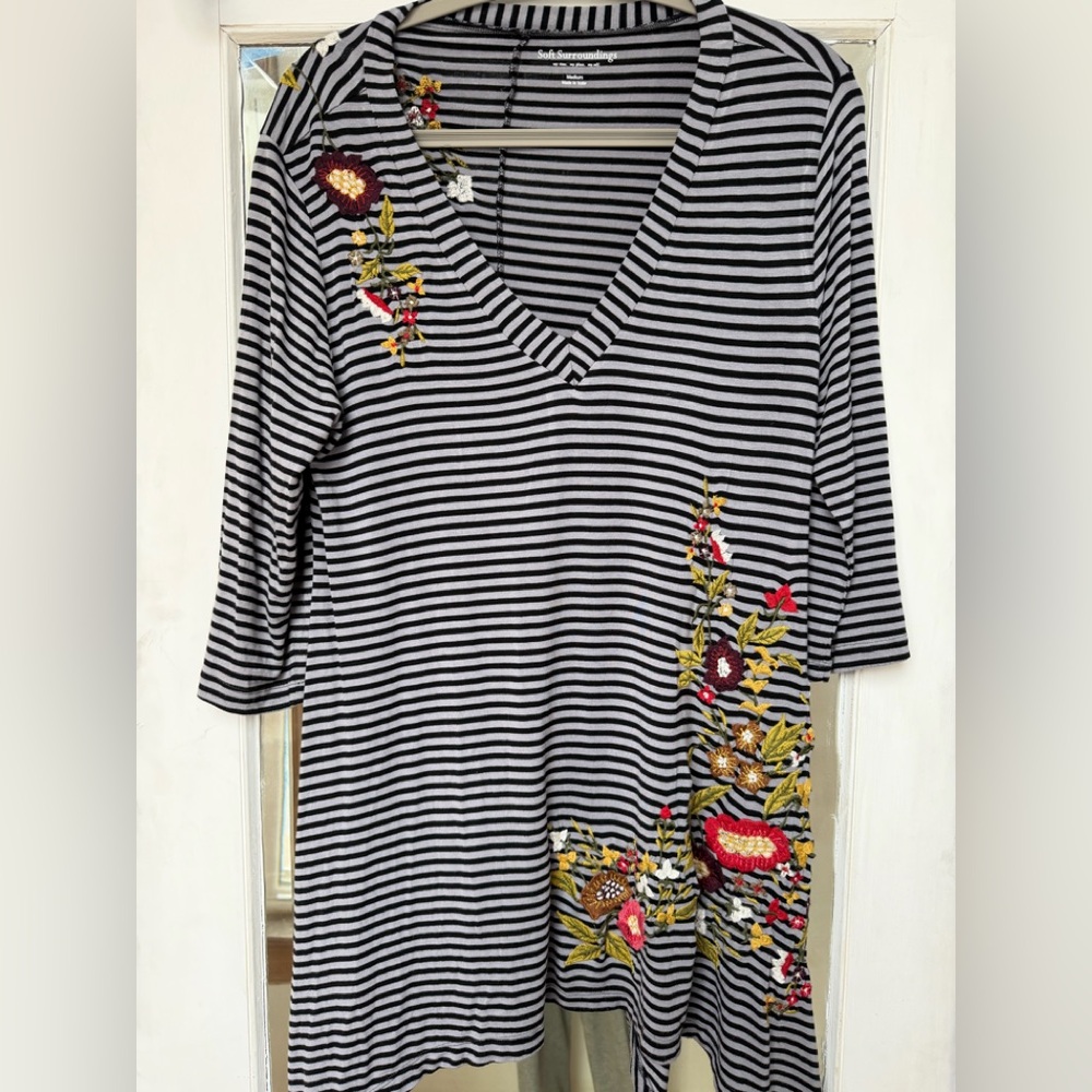Soft Surroundings Black & White Striped V-Neck Tunic with Floral Embroidery
